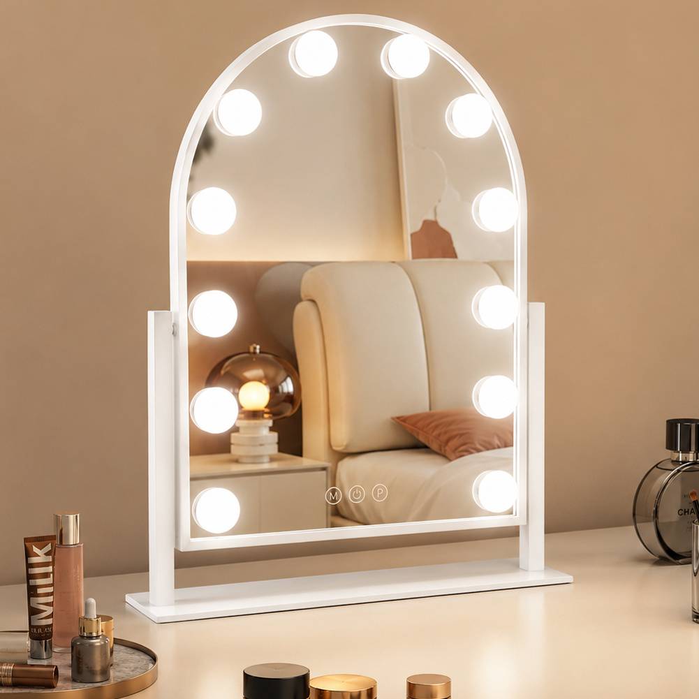 TEMU Shally Dogan Specchio da Tavolo ad con Struttura in Alluminio e Led a 3 Colori Freddo, Naturale, Illuminazione Dimmerabile, Decorazione Design