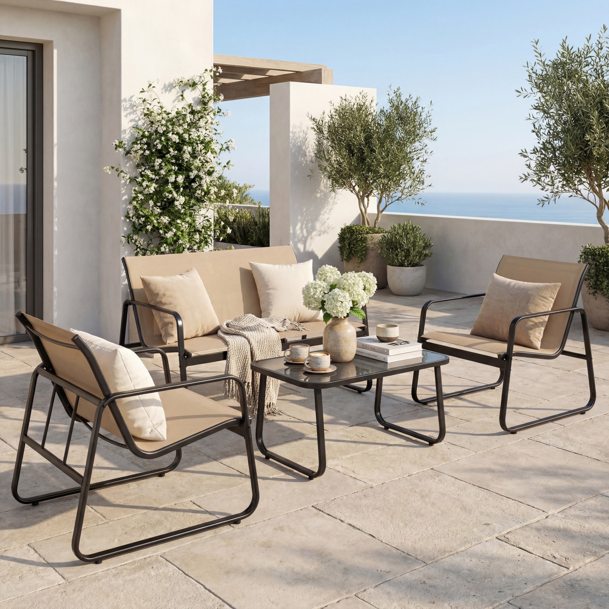 4 Pieces Outdoor Patio Sofa Set With 1 Coffee Table, Loveseat And 2 Chairs, Breathable Fabric, Patio Conversation Set