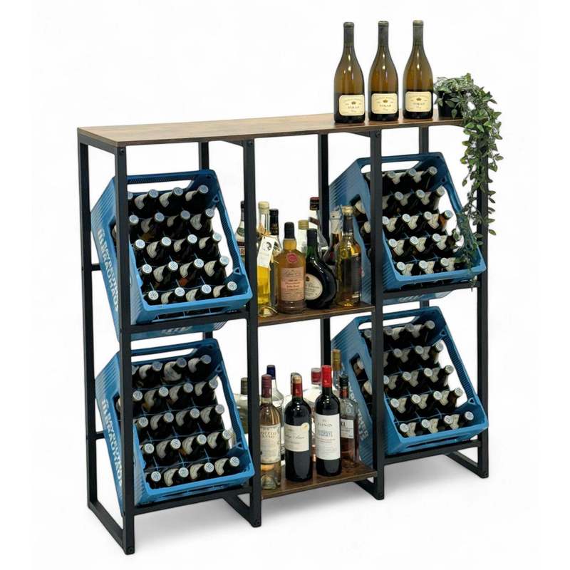 Black Metal Beverage Crate Rack With Wooden Shelf - Holds 4 Crates, Drink Crate Holder And Storage Rack