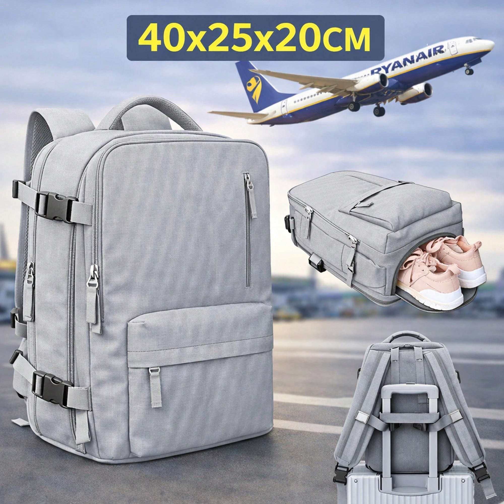 TEMU Sac à dos cabine (40X20X25Cm), avec compartiment à chaussures, placé sous le siège, adapté aux Ryanair ; Valise cabine, sac à dos de voyage,