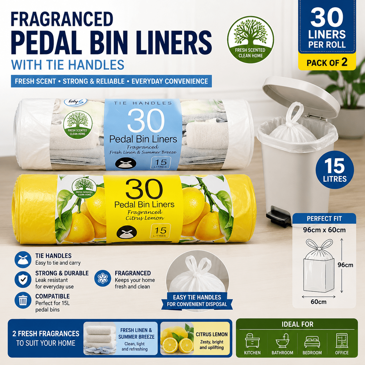 TEMU Fragranced Pedal Bin Liners With Tie Handles 15l, Pack Of 2 Rolls (30 Bags Each), Strong Scented Bin Bags 60cm For Kitchen, Bathroom & Office