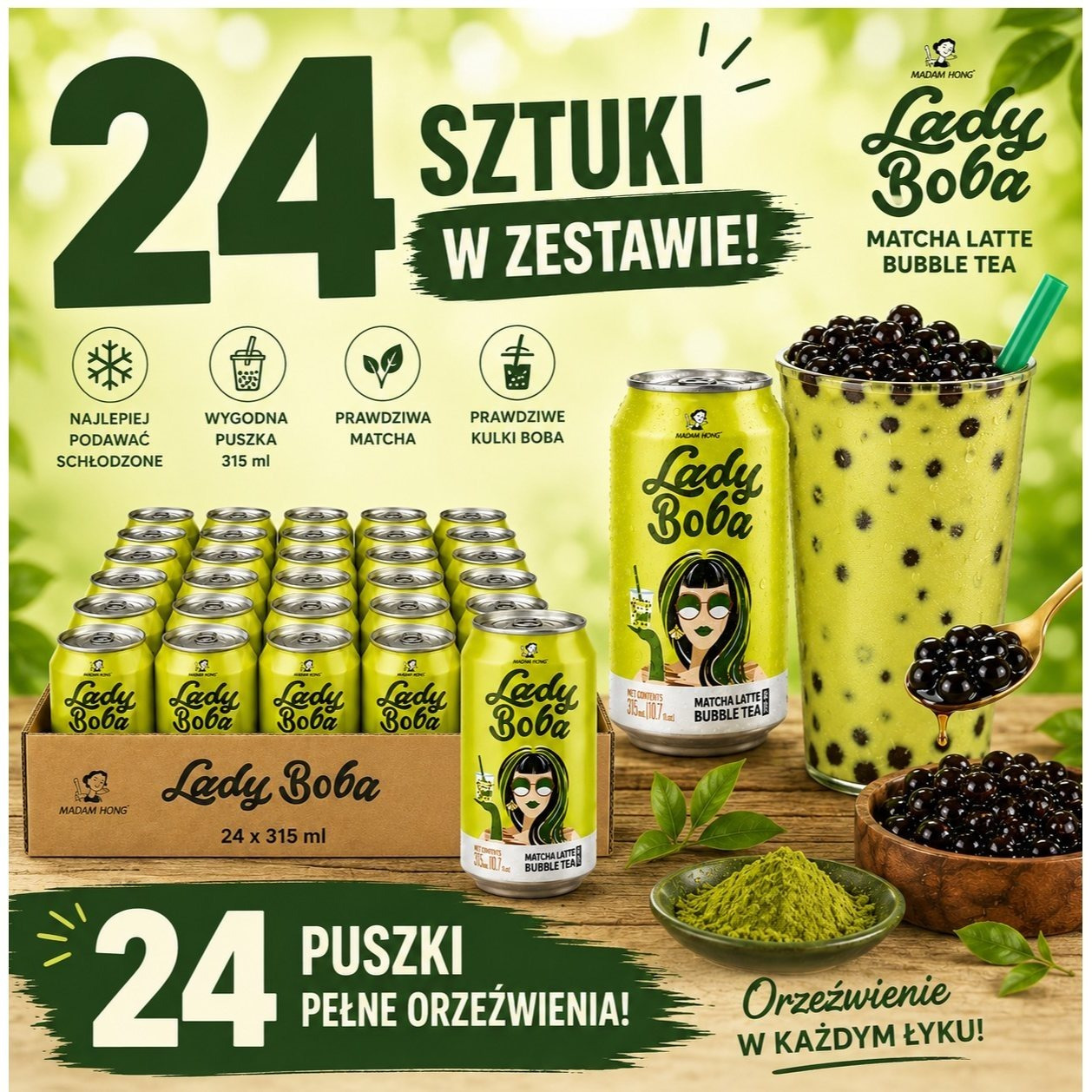 24pcs Of Lady Boba Drink With Tapioca Balls Bubble Tea Matcha Latte Carton 24 Cans