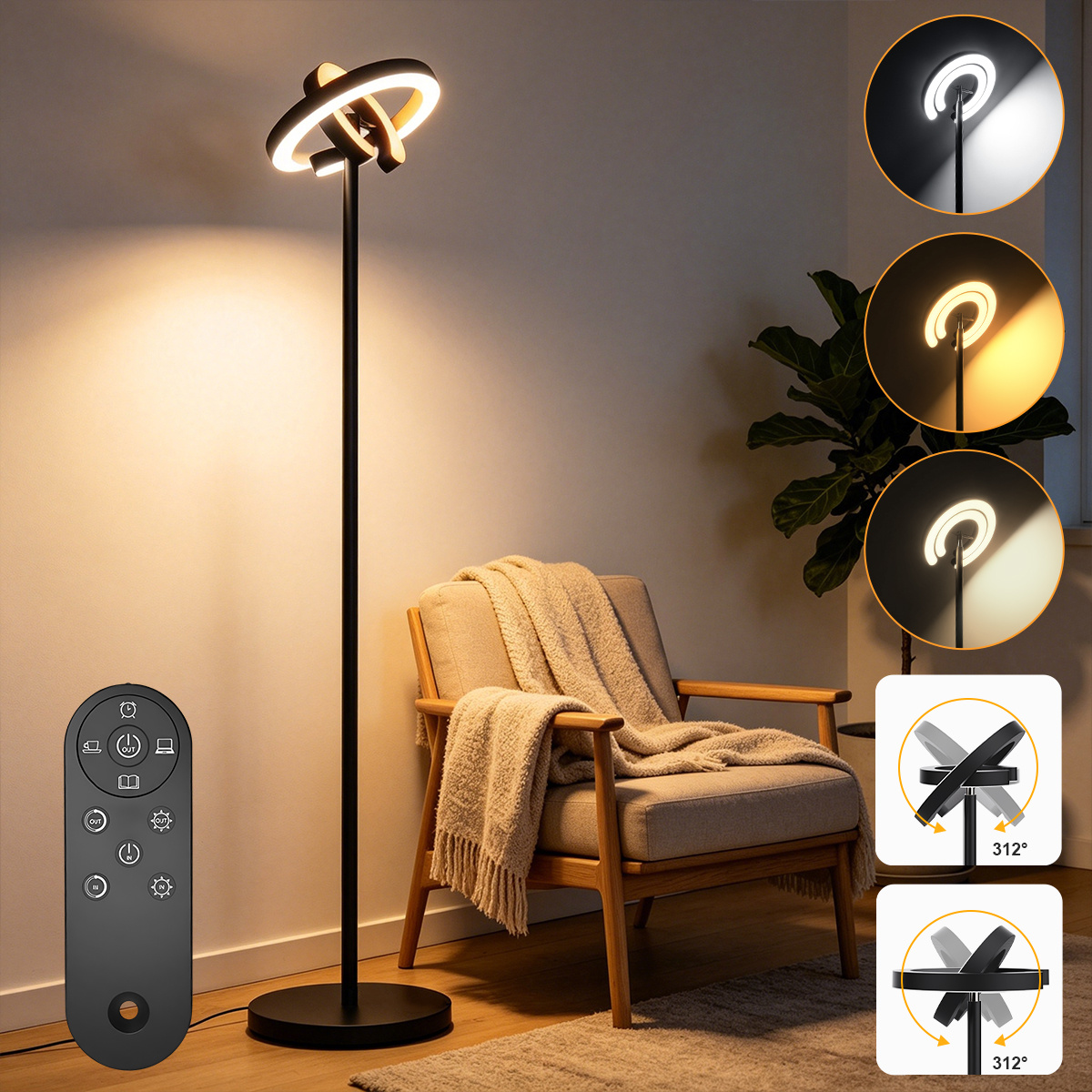 Image of Double-c Led Floor Lamp With Remote Control, 7 Levels Color Temperature And Dimmable Brightness, Memory Function, 1900k-6500k Modern Tall Lamp For Reading, Living Room Bedroom Office