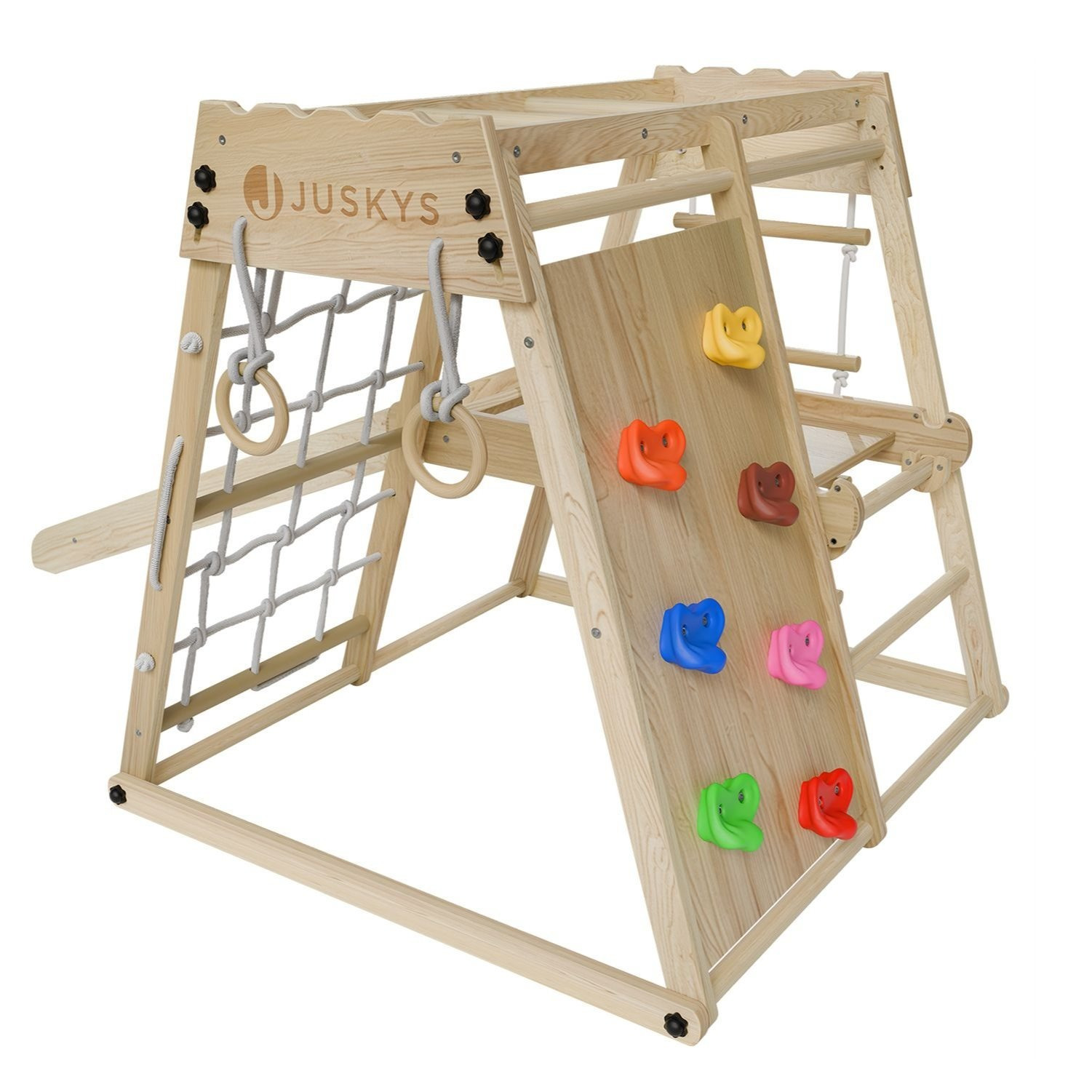 Image of Mini Climbing Frame For Kids Indoor Playground With Slide, Climbing Wall, Climbing Net & Gymnastic Rings Wooden Climbing Tower Foldable Natural