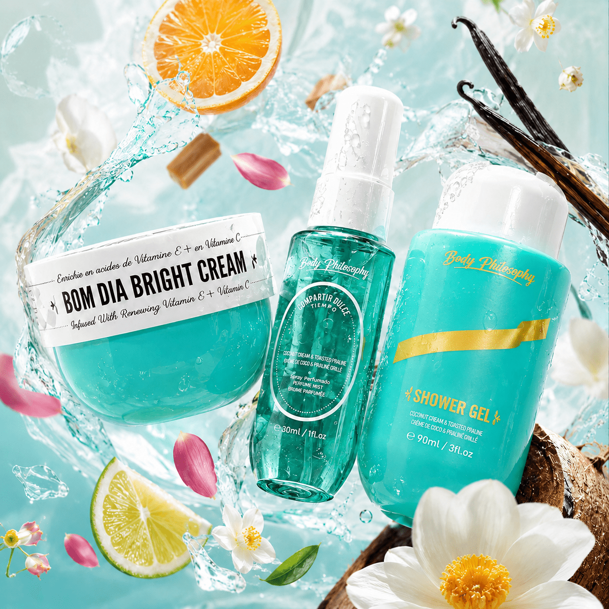 3-piece Scented Body Gift Set – 30ml Perfume Mist + 50ml Body Cream + 90ml Shower Gel – Coconut Gourmet & Notes – Travel Size