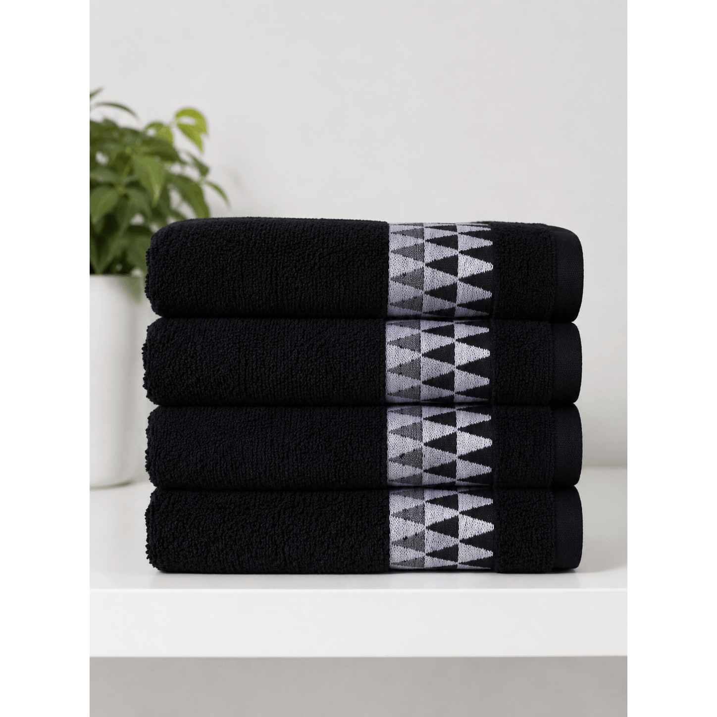 Black Cotton Towel with Geometric Border, Turkish Cotton Available