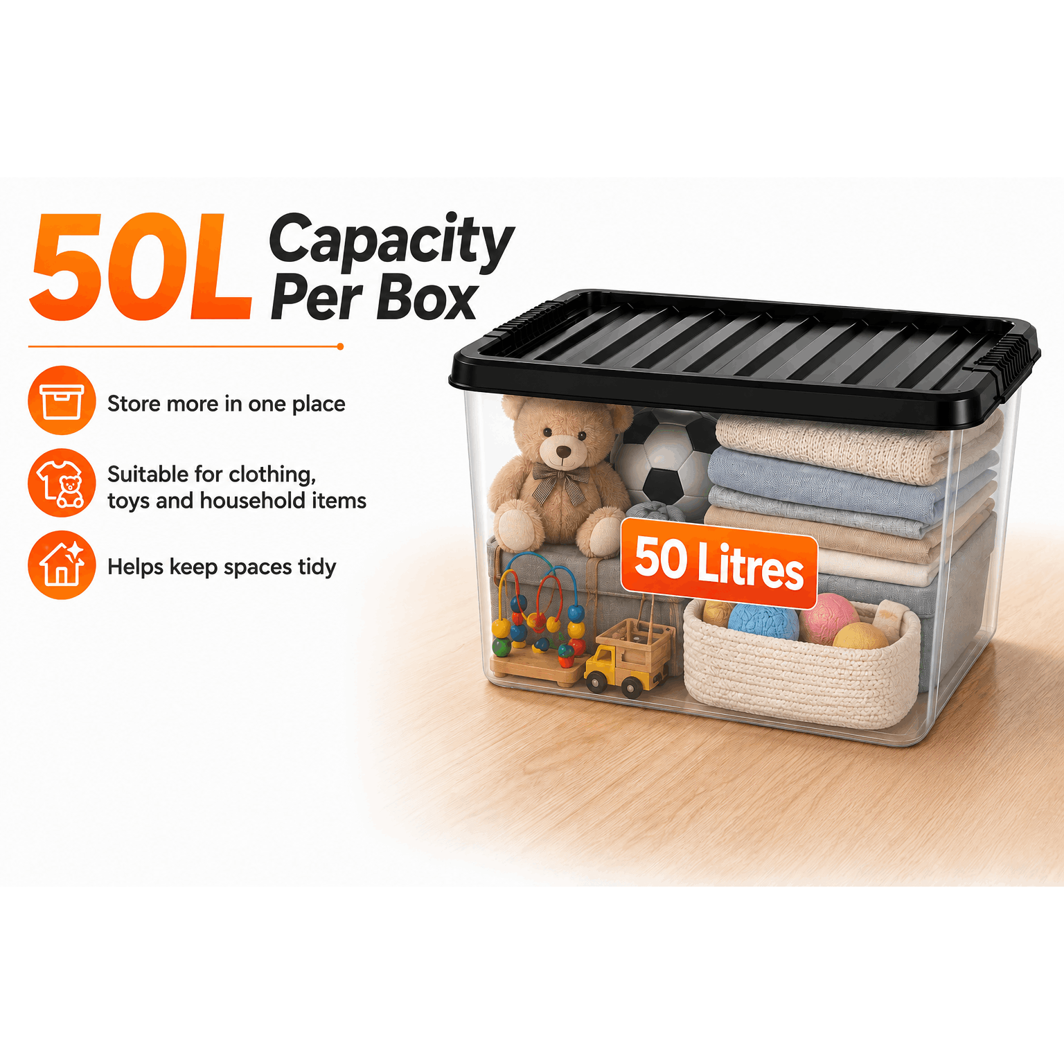 MANODU 50L Plastic Storage Boxes with Black Lids