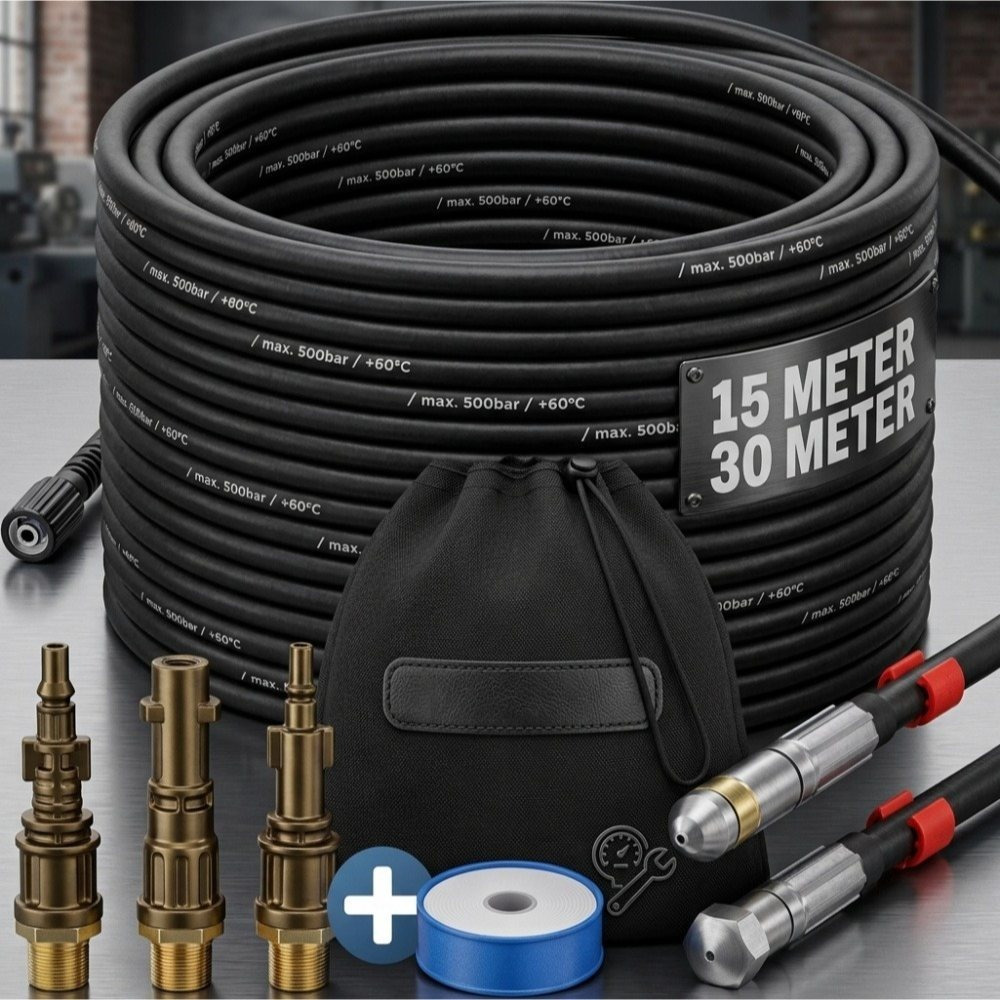 TEMU Kit de nettoyage de tuyaux de haute qualité 15M 200Bar . 3 adaptateurs 2 buses K3 K4 K5 K6 K7 Nettoyeur haute pression Ensemble de nettoyage de