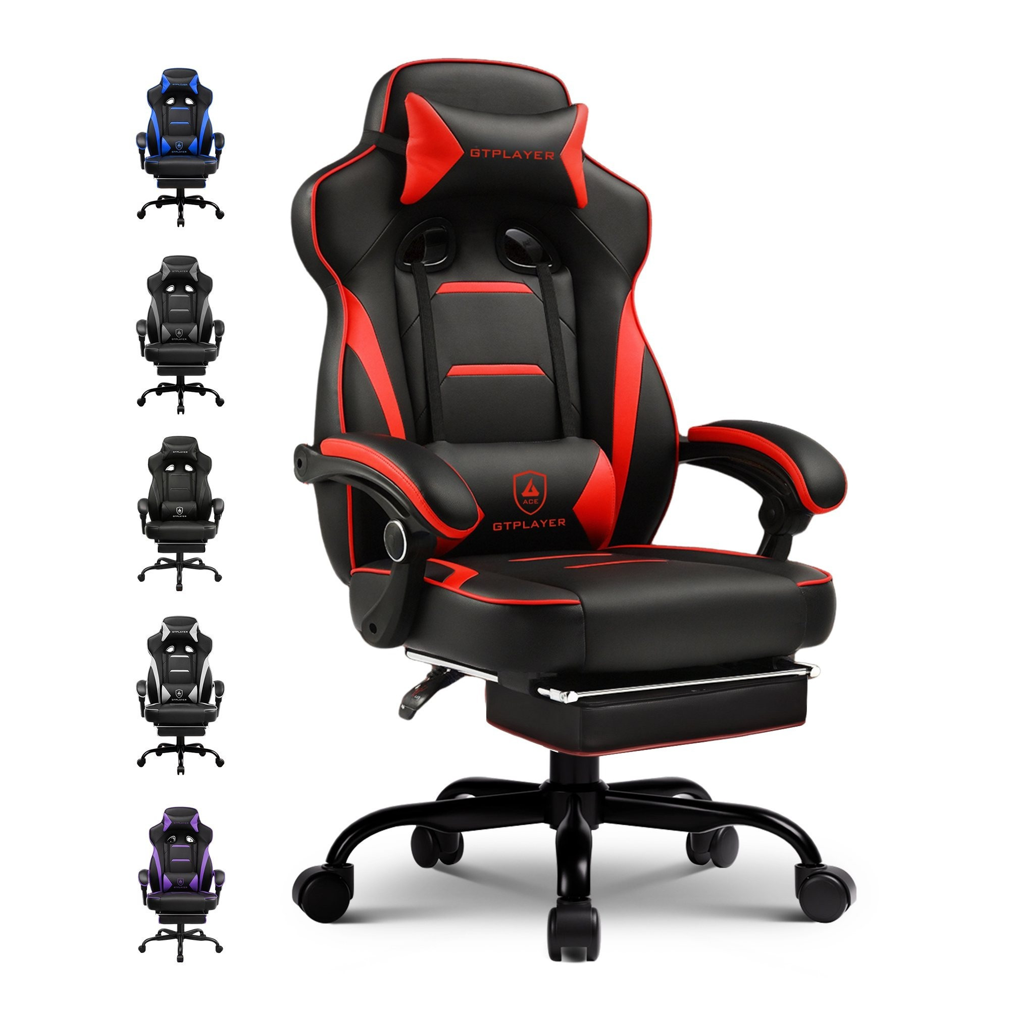 Image of Luckracer Gaming Chair With Footrest, Ergonomic Office Chair 180kg, Heavy-duty Gaming Seat With Lumbar Support And Headrest, Height-adjustable Computer Chair, Padded, 155° Tilt