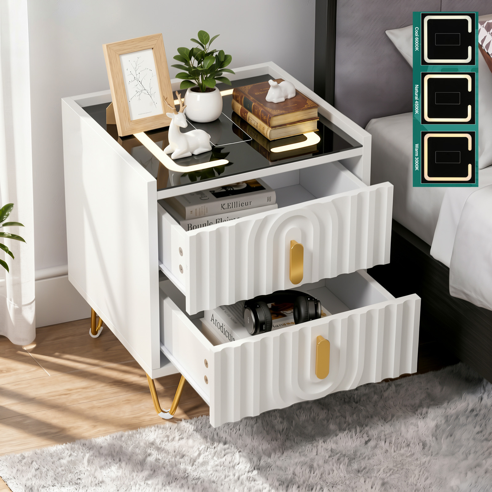 TEMU Nightstand With Usb Charging Station And Led Lighting, Modern Nightstand With 2/3 Drawers, Side Table With Black Glass Top And Golden Stand For