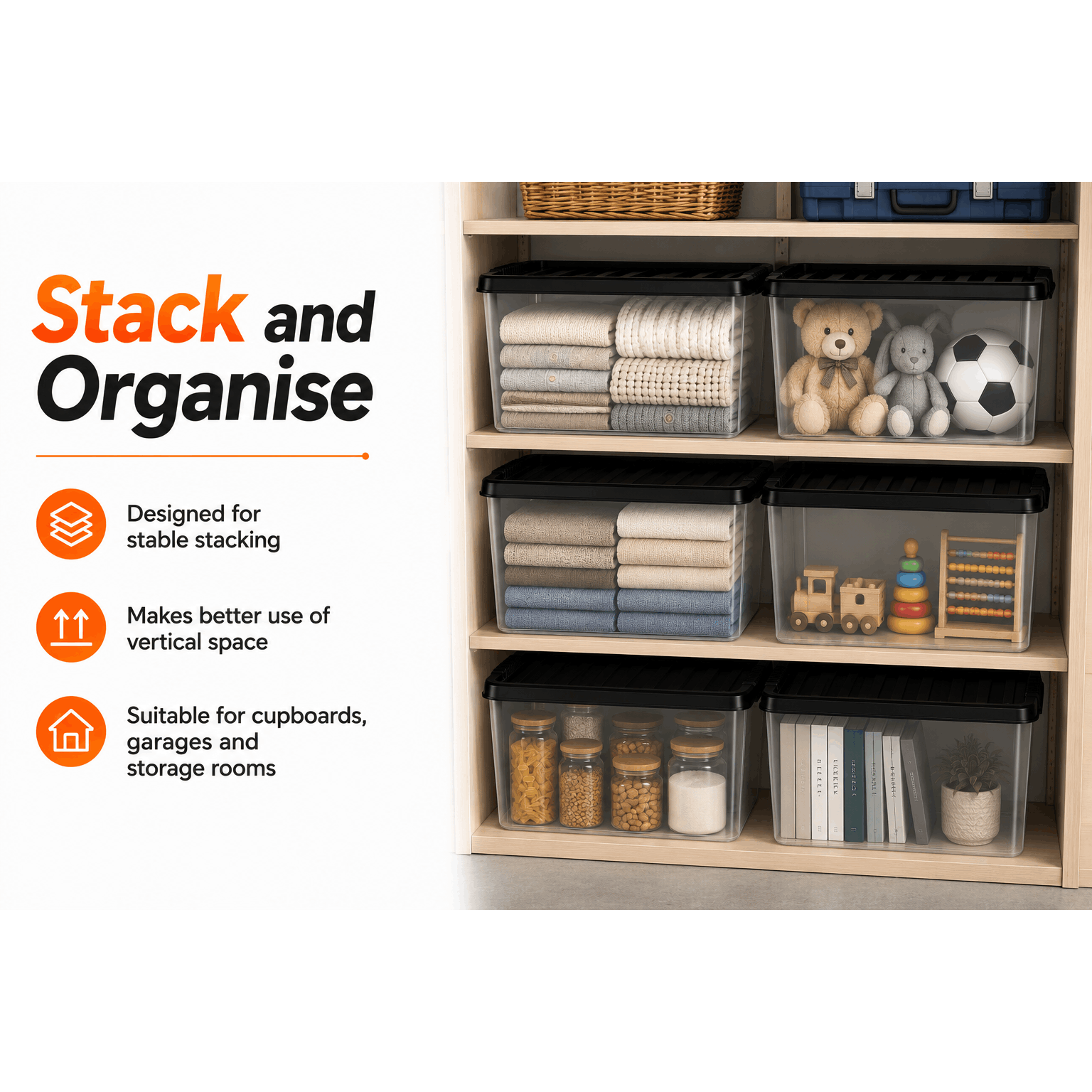 MANODU 50L Plastic Storage Boxes with Black Lids