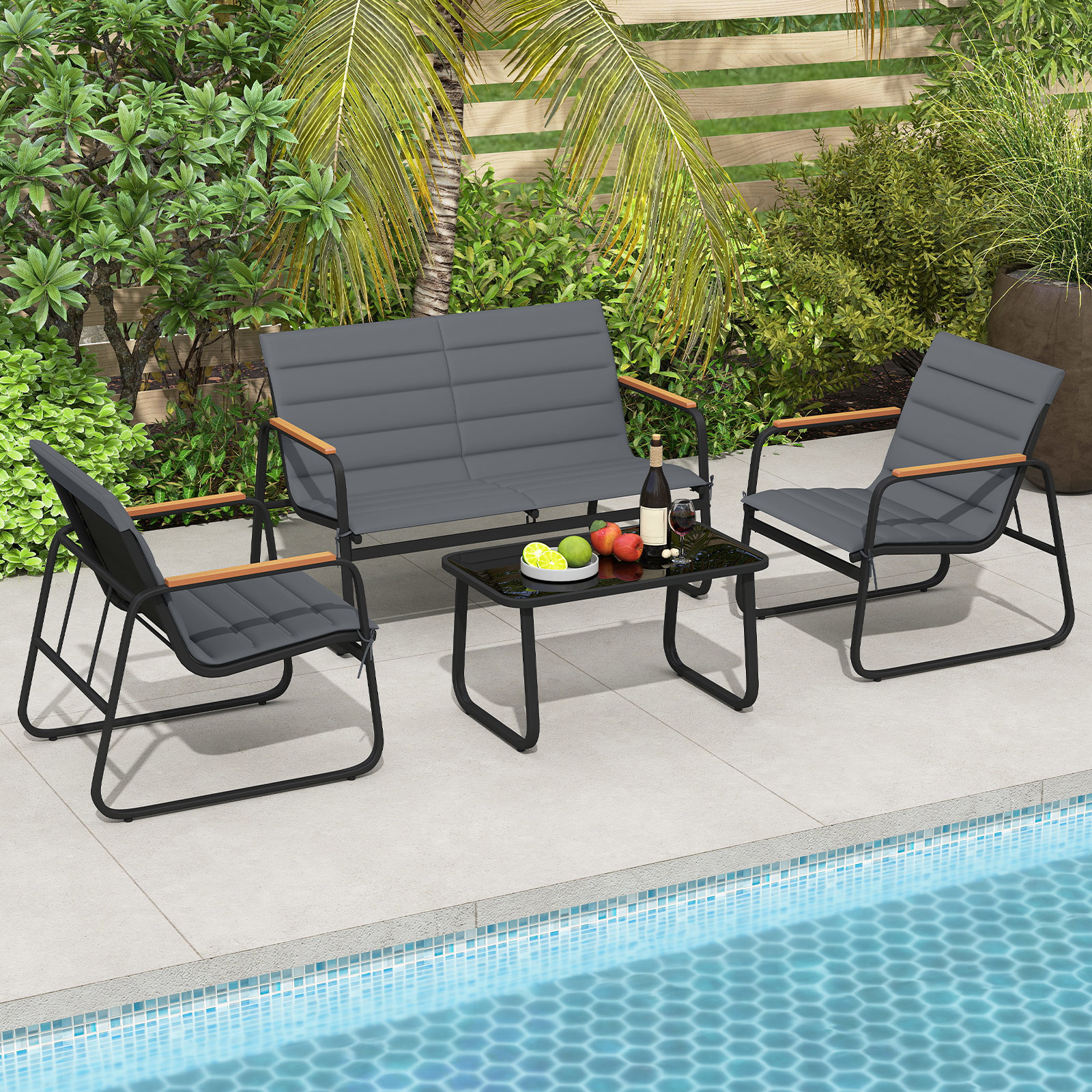 Image of 4 Pieces Patio Conversation Set, 2 Chairs, Loveseat And Coffee Table, Removable Cushions And Metal Frame, Outdoor Sofa Set