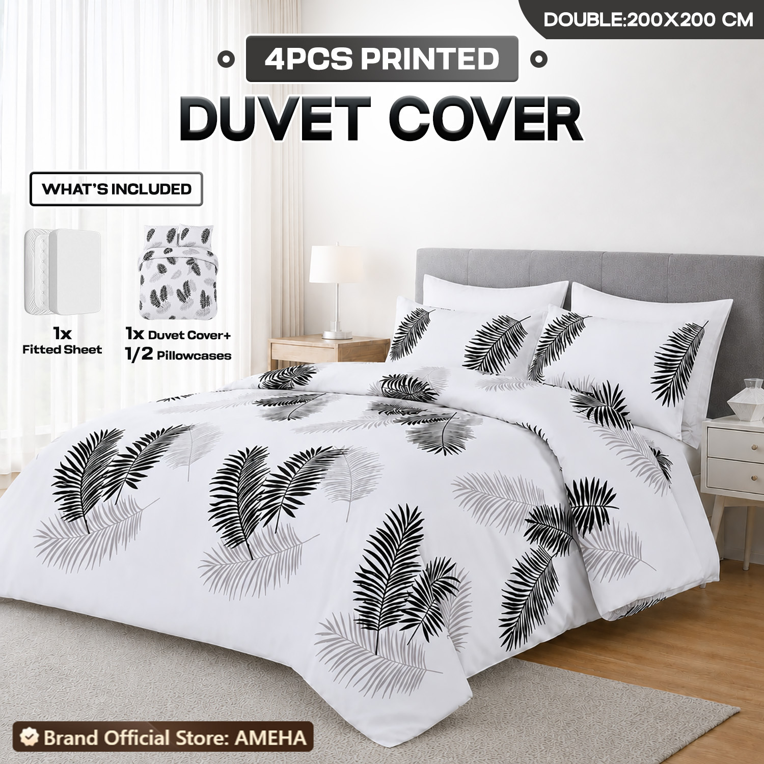 TEMU 4pcs Printed Duvet Cover Set With Fitted Sheet & Pillowcases, Soft Brushed Microfiber Bedding Set, Lightweight Breathable Quilt Cover, Hotel