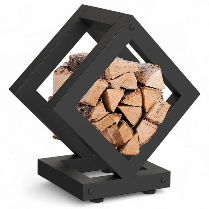 Image of Square Cube-shaped Black Metal Firewood Rack For Indoor Use, Fireplace Wood Shelf, Firewood Stand, Wood Storage Rack