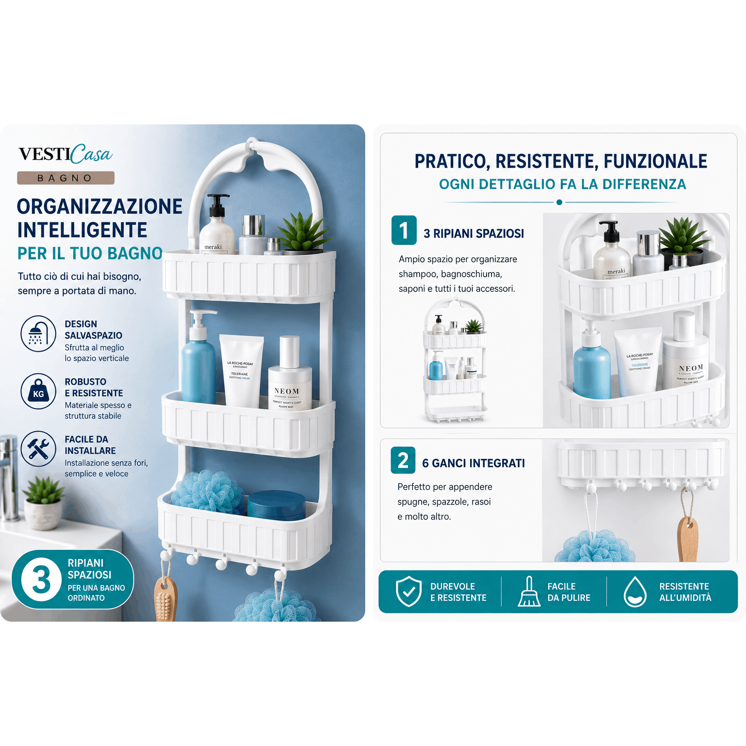 TEMU Mensola Doccia da Appendere a 3 Ripiani con 6 Ganci, Organizer Bagno Salvaspazio in Plastica, Porta Shampoo e Accessori per Doccia