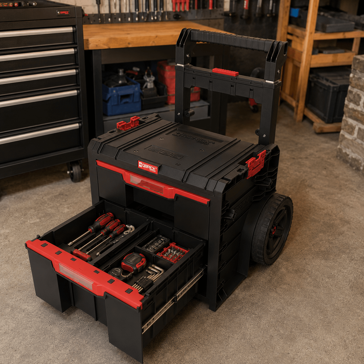Qbrick System Pro Cart 2. Drawer 2 Toolbox, Wheeled Toolbox With Drawers, Telescopic Handle, Mobile, Modular, Modern, Convenient, Sturdy, 52x44x66 Cm