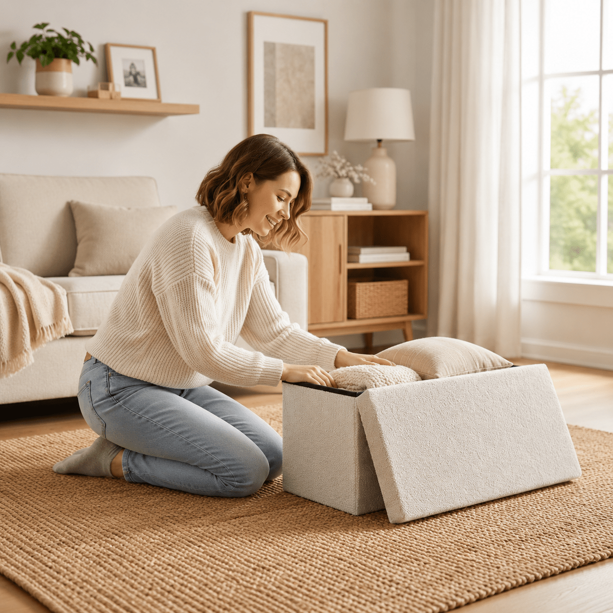Image of Ottoman Stool Cube With Storage Plush Fabric Footstool Trunks Storage Box Lid Removable Foldable Loadable Up To 300 Kg