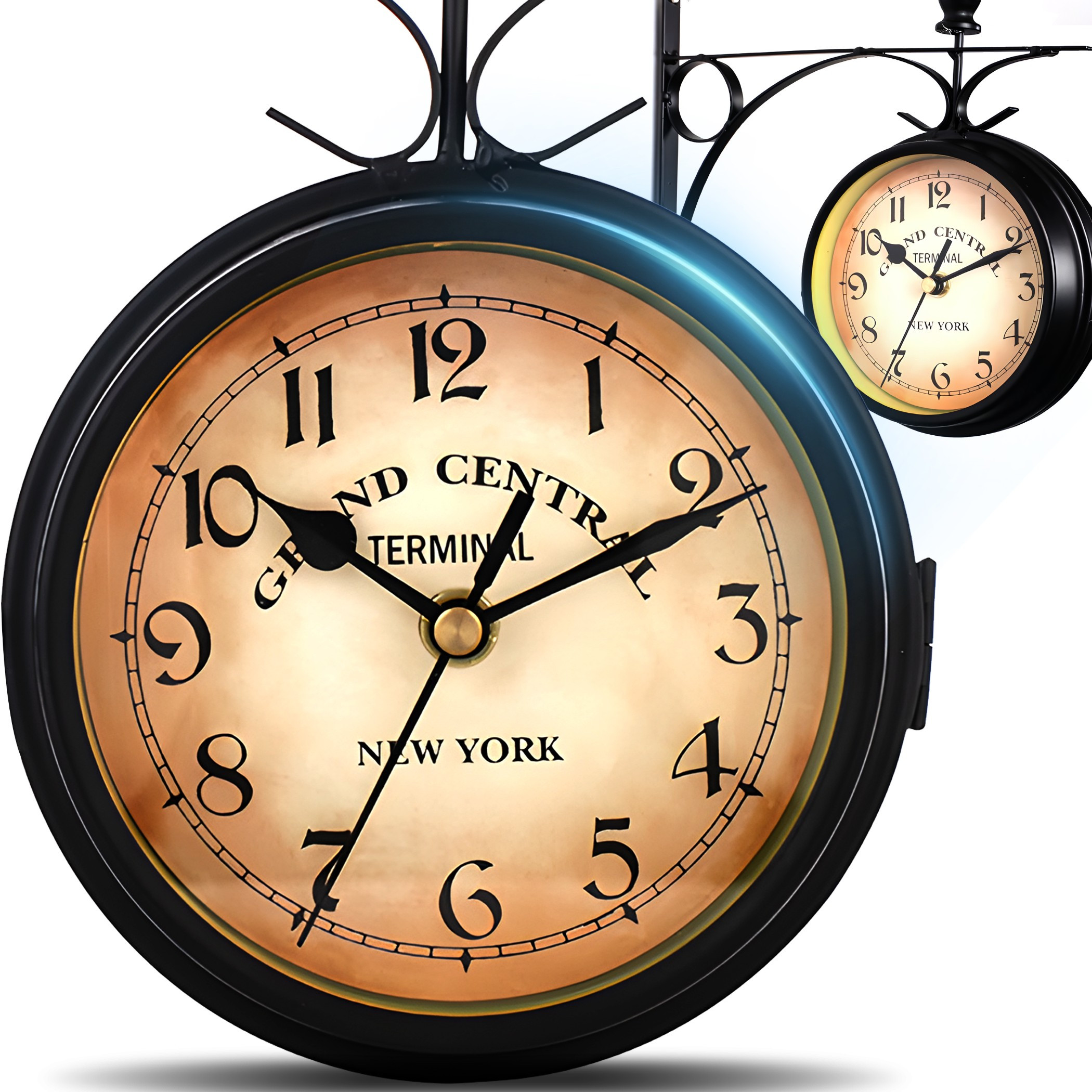 Double-sided Wall Clock Station Clock Retro Vintage Metal Black 24cm For Home Office Garden