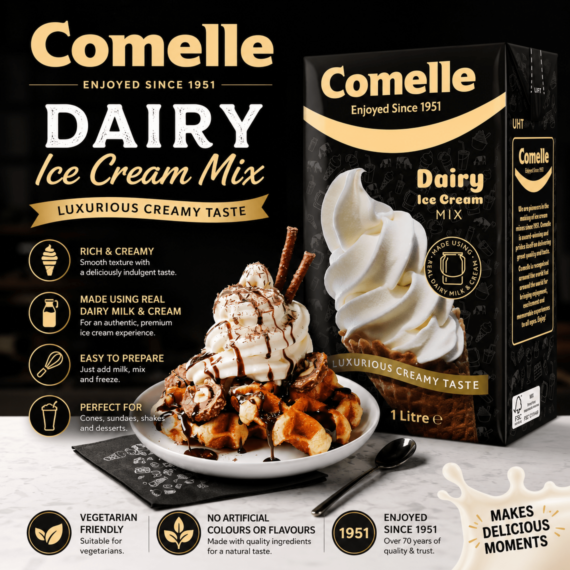 TEMU Comelle Dairy Soft Serve Ice Cream Mix | 1 Litre Carton | Award Winning Premium Mix | Ready To Use At Home, Café & Catering