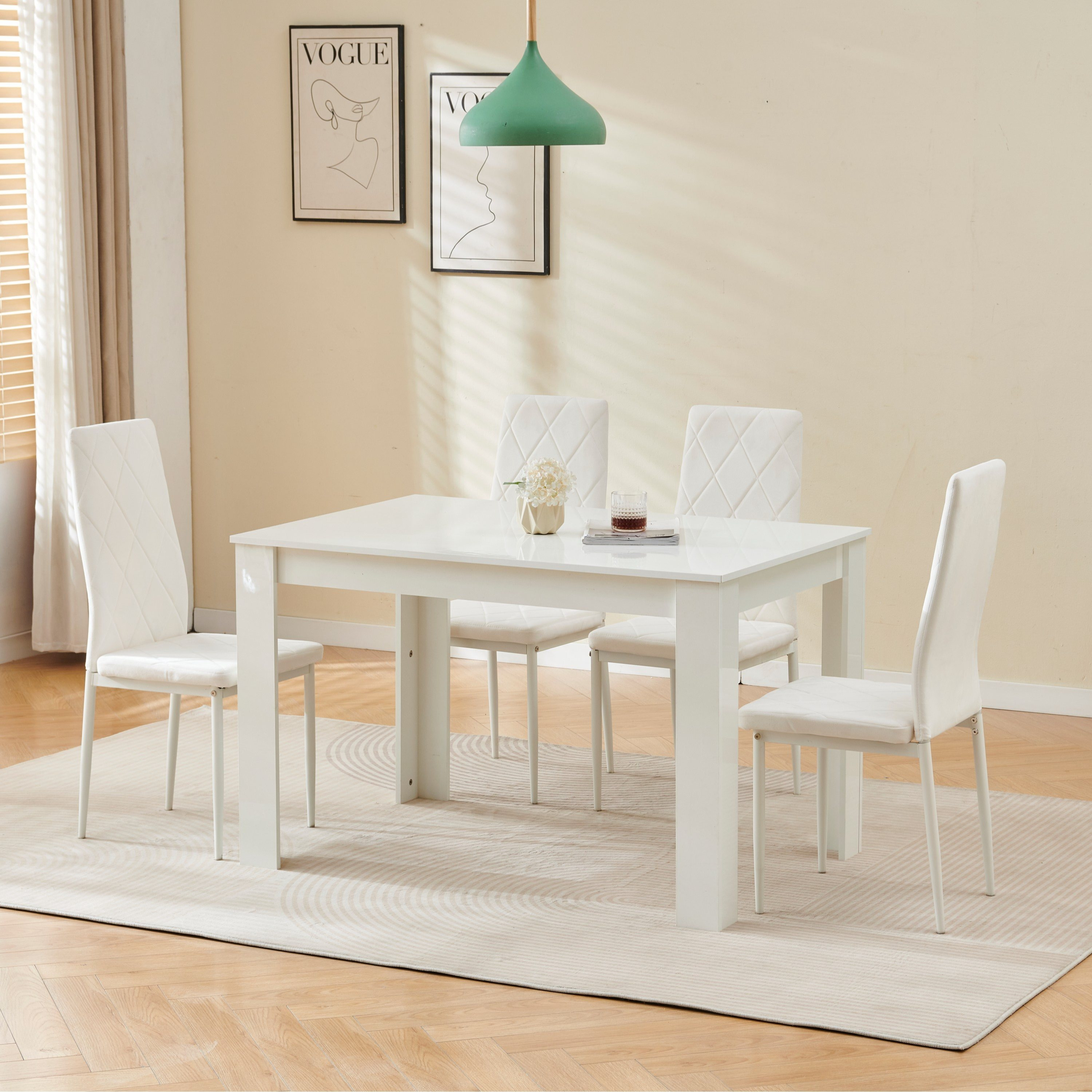 Modern Wooden Dining Table Set For 4, Stylish 120x80cm Set 4 For Dining Room Kitchen, High Gloss Tabletop