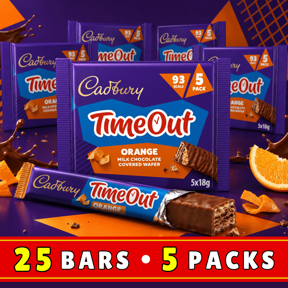 TEMU Cadbury Timeout Orange 5 X 90g Multipacks | Chocolate Biscuit Bars | Halloween Chocolate | Tea Break Sharing Pack (25 Bars)
