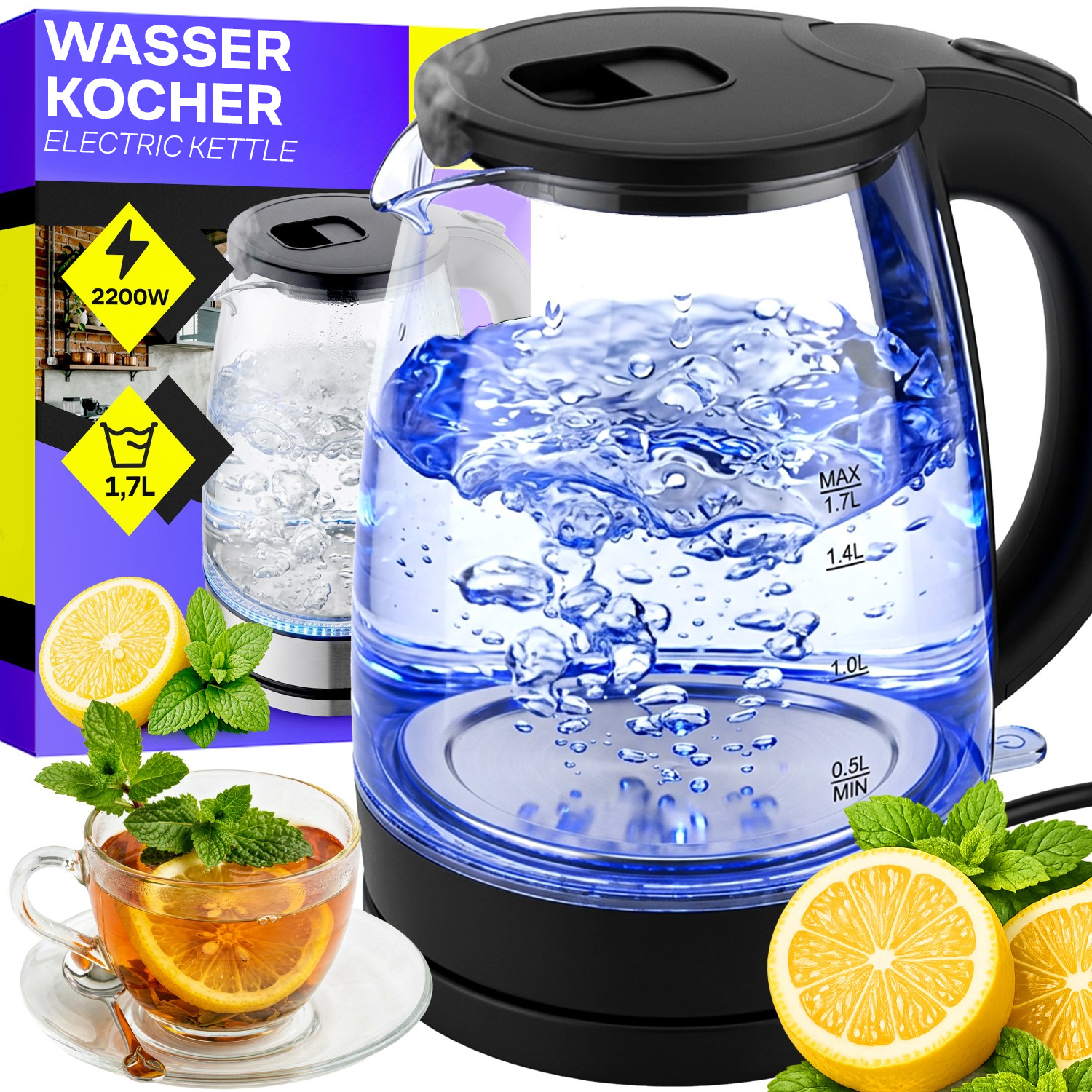 Glass Electric Kettle, 1.7l, 2200w, Cordless With Blue Led Lighting, Black