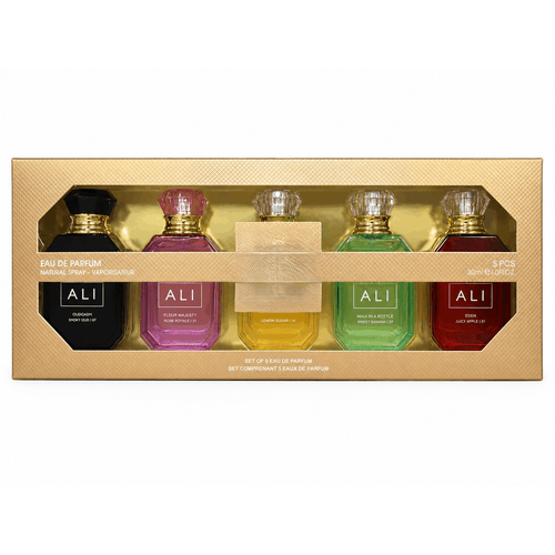 set van 5 dames eau de parfum 30ml – rokerige oud, fluwelen roos, smakelijke , exotische & fruitige rode