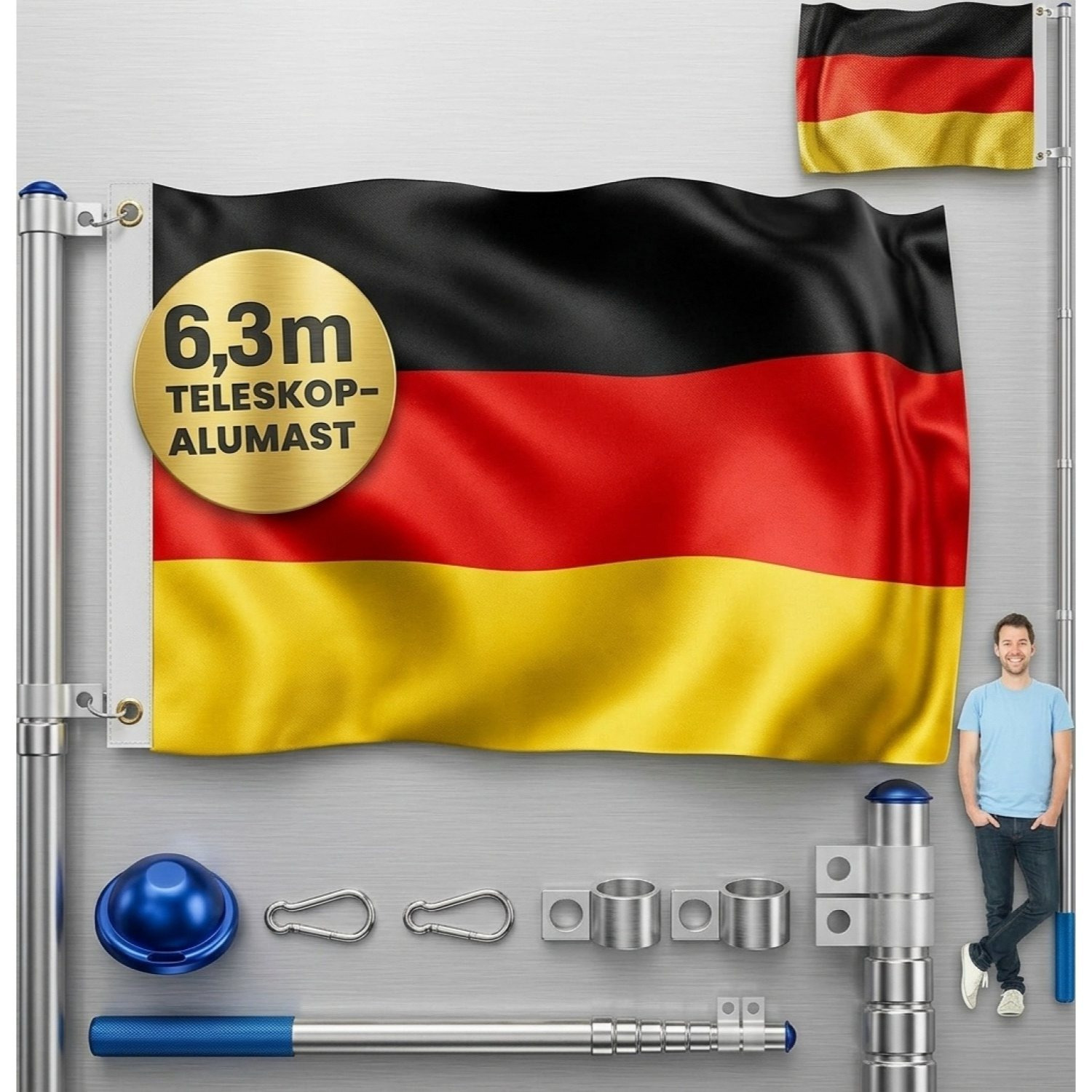 TEMU Mât de drapeau télescopique en aluminium 6.30M Tube de base 60Cm . Drapeau Drapeau Mât de drapeau Mât en aluminium