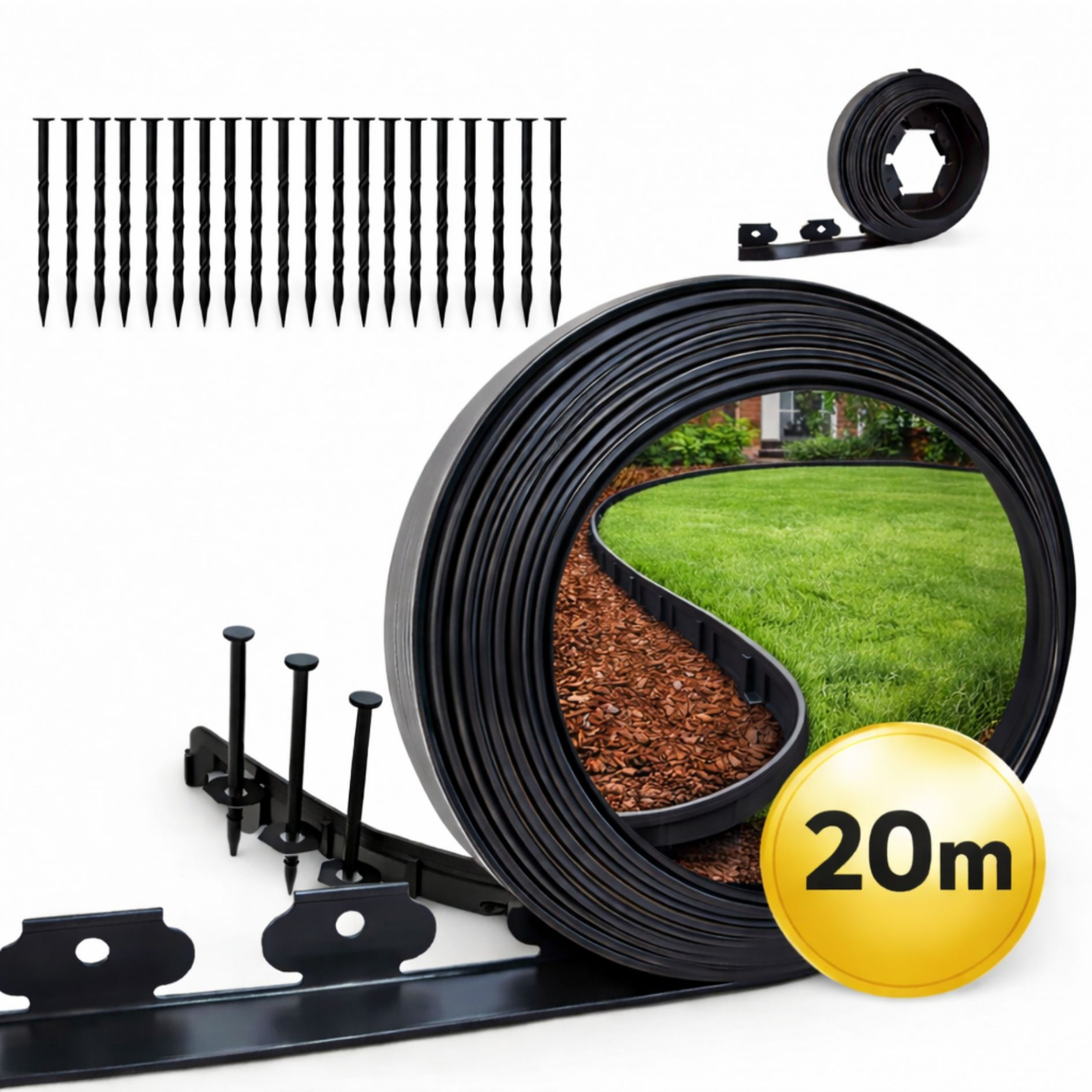 Image of 20m Flexible Lawn Edging, 4cm Height, Plastic Set (2x10m) For Lawn With Nails, Strong Ground Anchors, , Mowing Edging, Garden Border, L-shaped Garden Edging