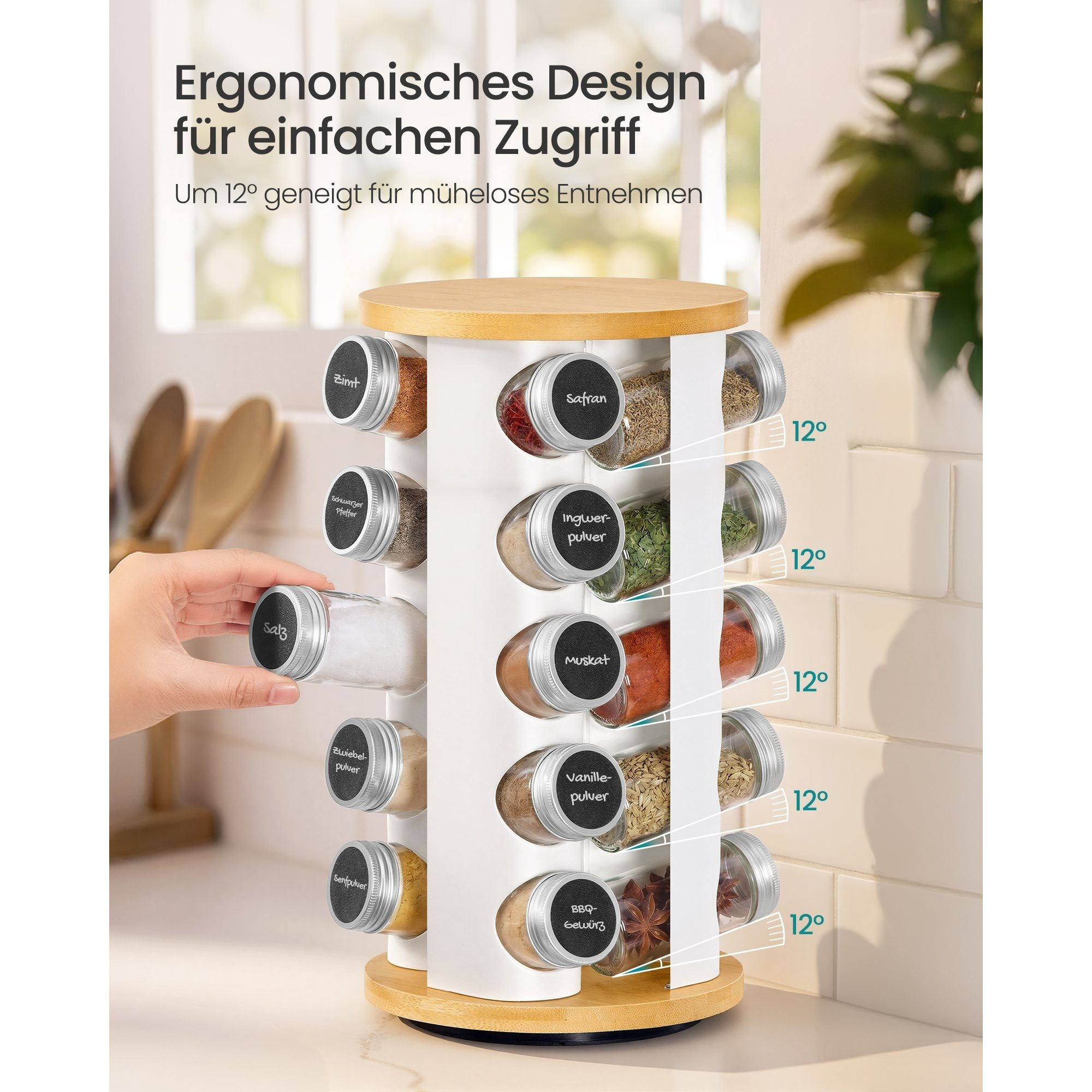 Rotating Spice Rack With 20 Spice Jars, Spice Organizer, Kitchen Shelf, Includes Labels And Accessories, 18 × 33.5 Cm, White-natural