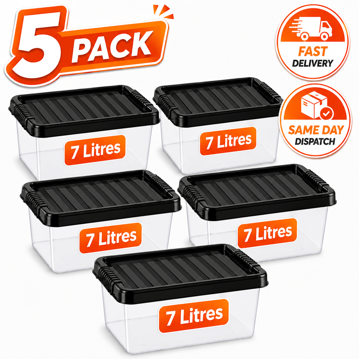 TEMU Manodu 5 Pack 7l Plastic Storage Boxes With Black Lids – Clear Storage Containers For Home Organisation, Cupboard, Wardrobe & Desk Storage |