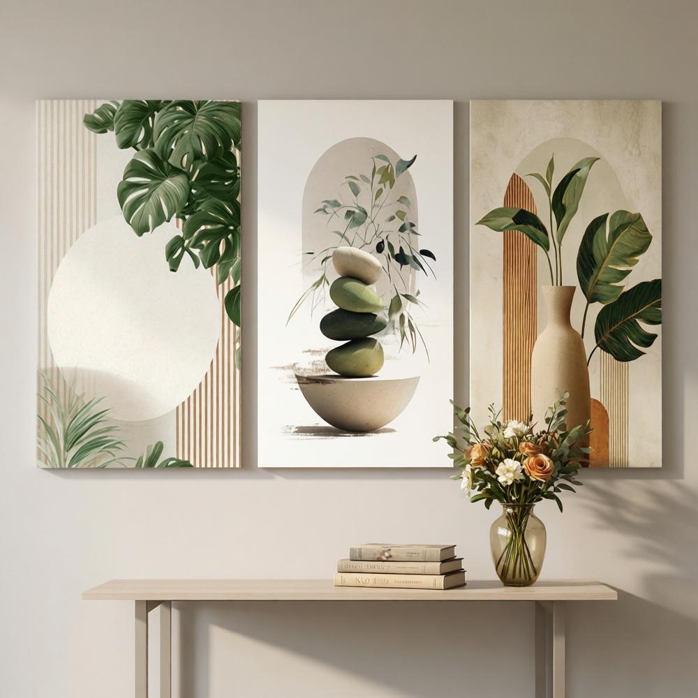 TEMU 3pcs 2d Flat, Posters&prints Modern Simple Natural Wall Art - Silhouette Canvas Paintings Of Green Leaves And Vases With Balance Stone Posters,