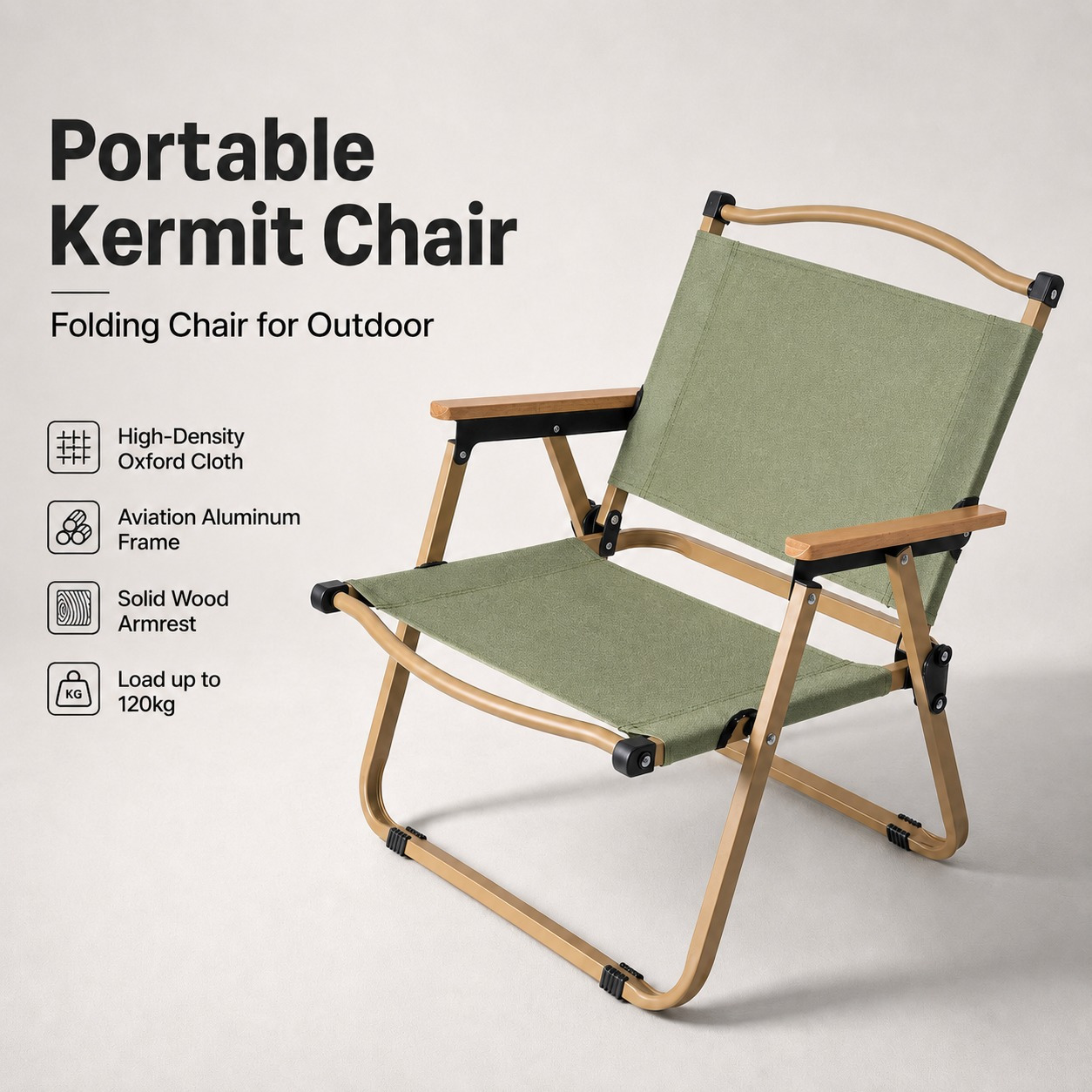 Image of Portable Folding Chair, Outdoor Camping Chair With Wood Armrest, Aluminum Frame Oxford Cloth, Load 120kg For Picnic, Beach, Patio