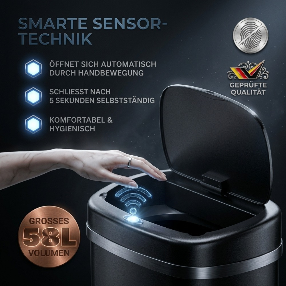 Sensor Trash Can Kitchen 58 L Automatic With Motion -close Lid Waterproof Usb Cable Can Black