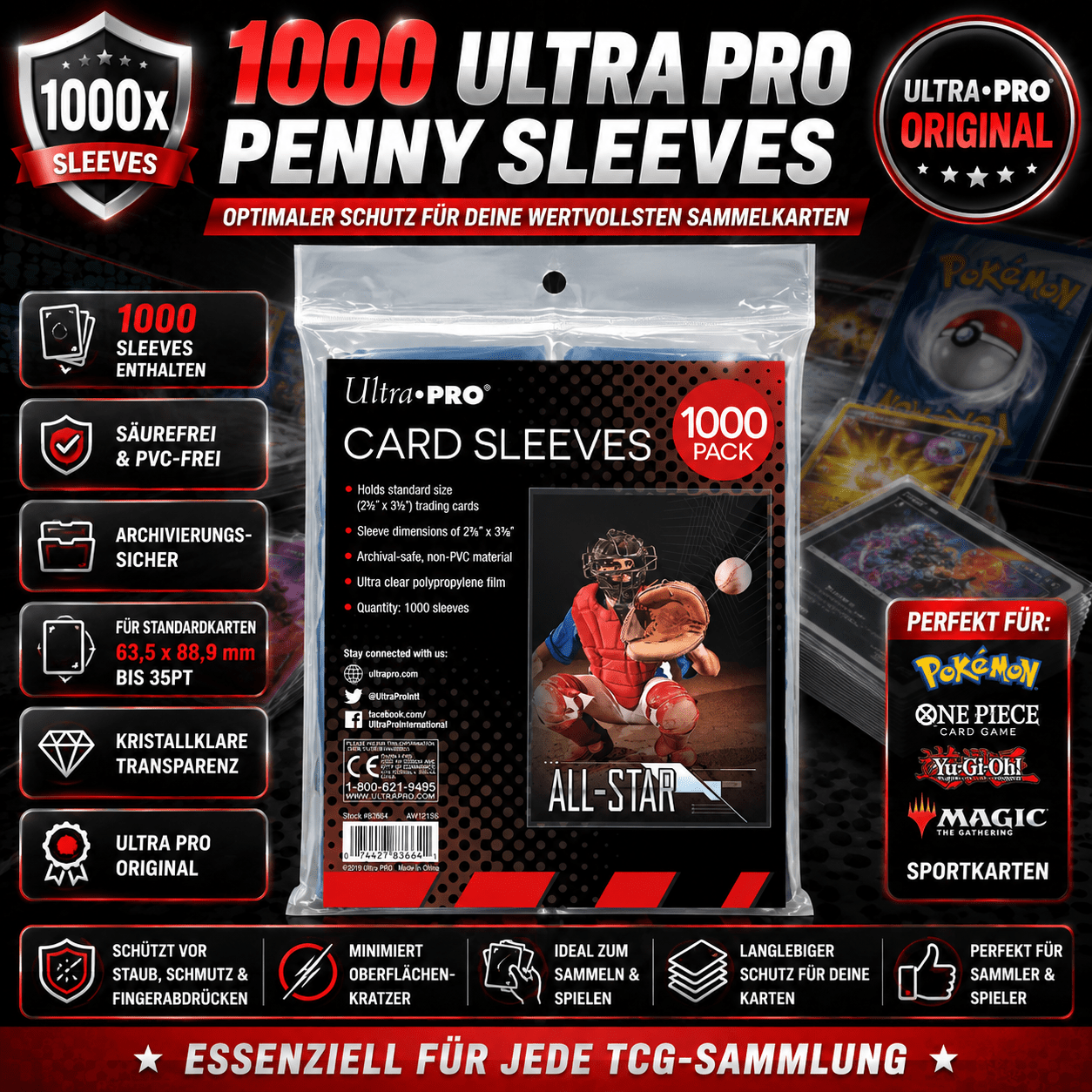 Ultra Pro Penny Sleeves, 1000 Count – Trading Card Protective Sleeves For Pokémon, Yu-gi-oh!, Mtg & Sports Cards