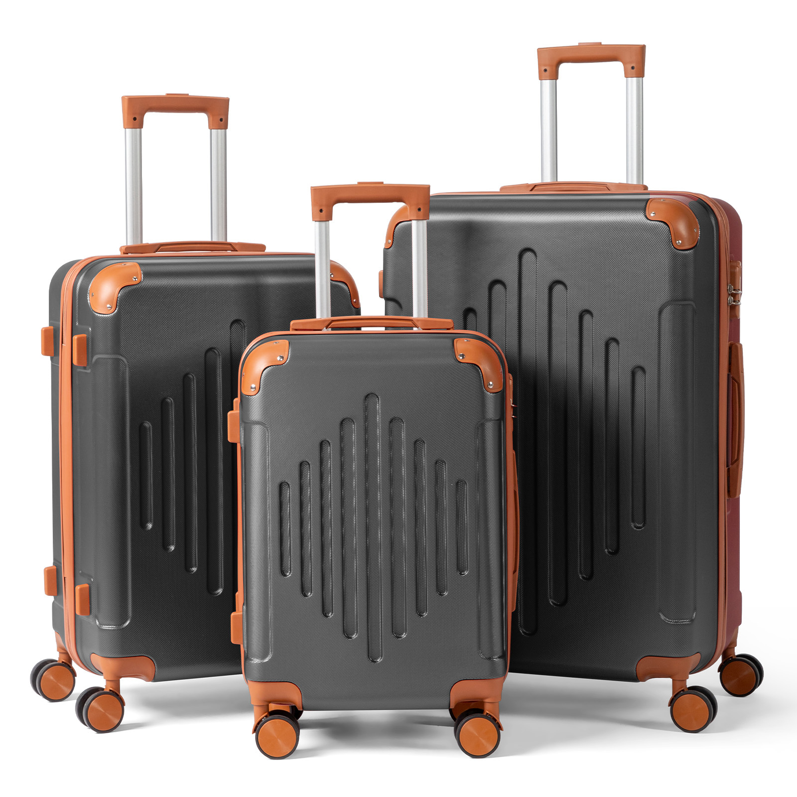 Pp Hardside 3pcs Luggage Set, Expandable Lightweight Suitcase With 360° Spinner Wheels, 20/24/28 Inch Travel Bags In Dark Purple With Brown