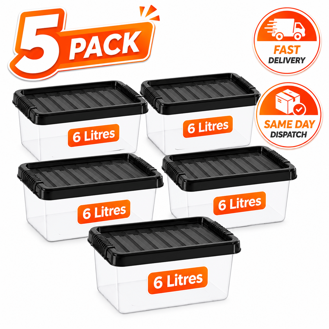 TEMU Manodu 5 Pack 6l Plastic Storage Boxes With Black Lids – Clear Storage Containers For Home Organisation, Cupboard, Wardrobe & Desk Storage |