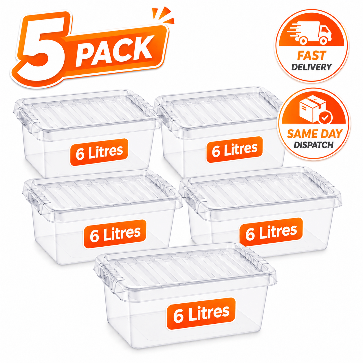 TEMU Manodu 5 Pack 6l Plastic Storage Boxes With Lids – Clear Storage Containers For Home Organisation, Cupboard, Wardrobe & Desk Storage | Stackable
