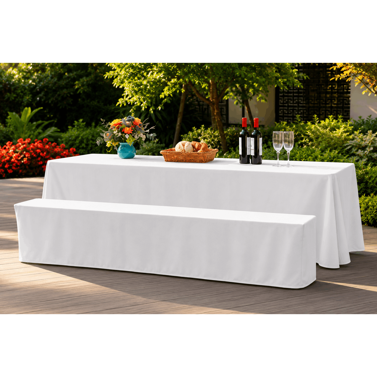 Image of Beer Bench Cover Set, 3-piece – White Tablecloth With 2 Bench Covers, Elegant Beer Tent Set Cover For Party, Wedding & Birthday