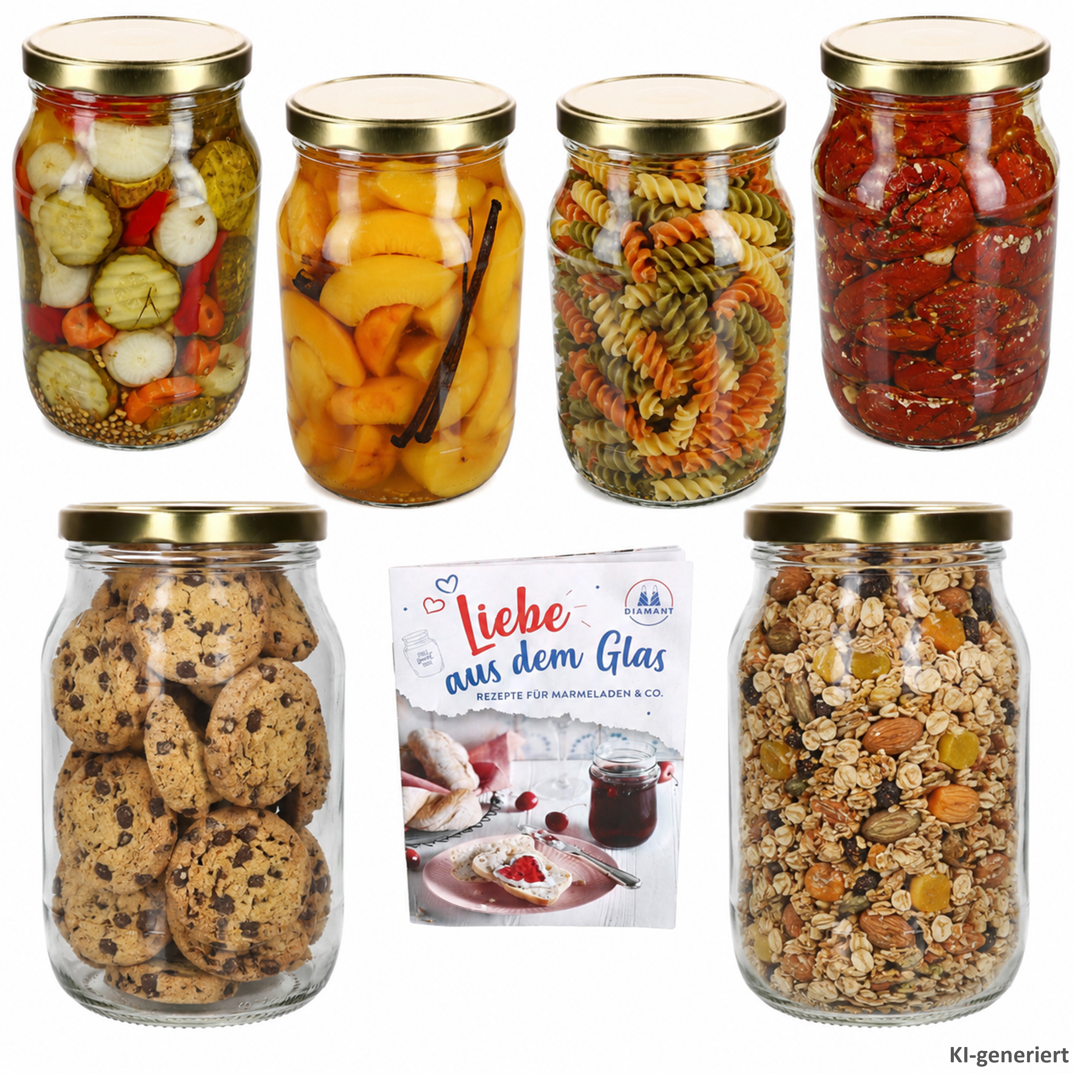 Image of 6pcs Set Of 1.7l Canning Jars With To 100 Lid In Golden & Recipe Book, Transparent Glass Storage Jars For Canning, Preserving, Fermenting