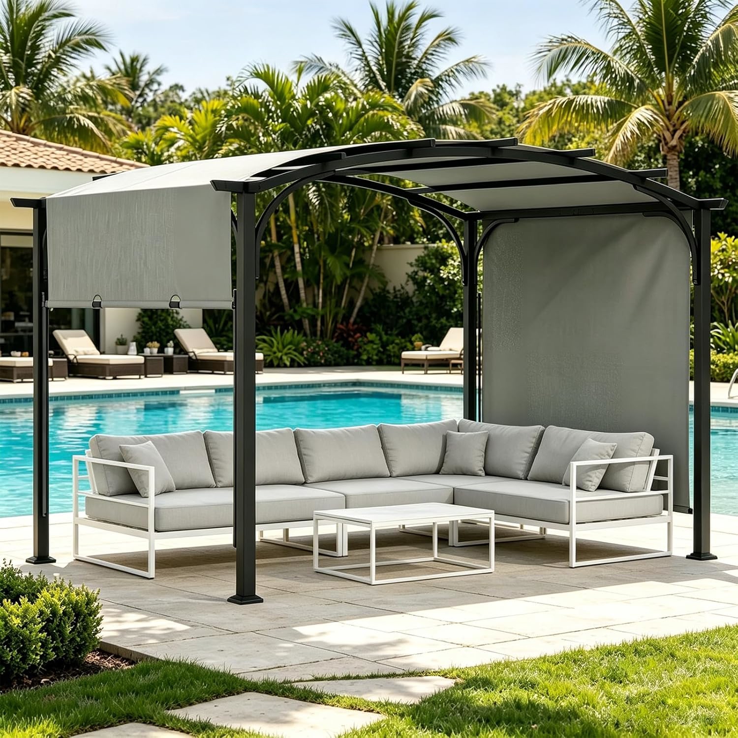 Pergola, Pavillon mit verstellbarem Schiebeldach, 3 x 2,4 m Gartenpavillon mit Sonnenschutz, Terrassendach mit Stahlrahmen und 8 Heringen, Grau