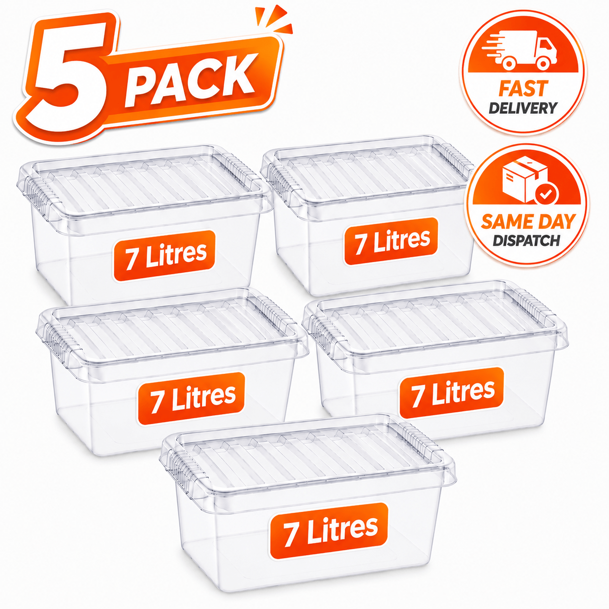 TEMU Manodu 5 Pack 7l Plastic Storage Boxes With Lids – Clear Storage Containers For Home Organisation, Cupboard, Wardrobe & Desk Storage | Stackable