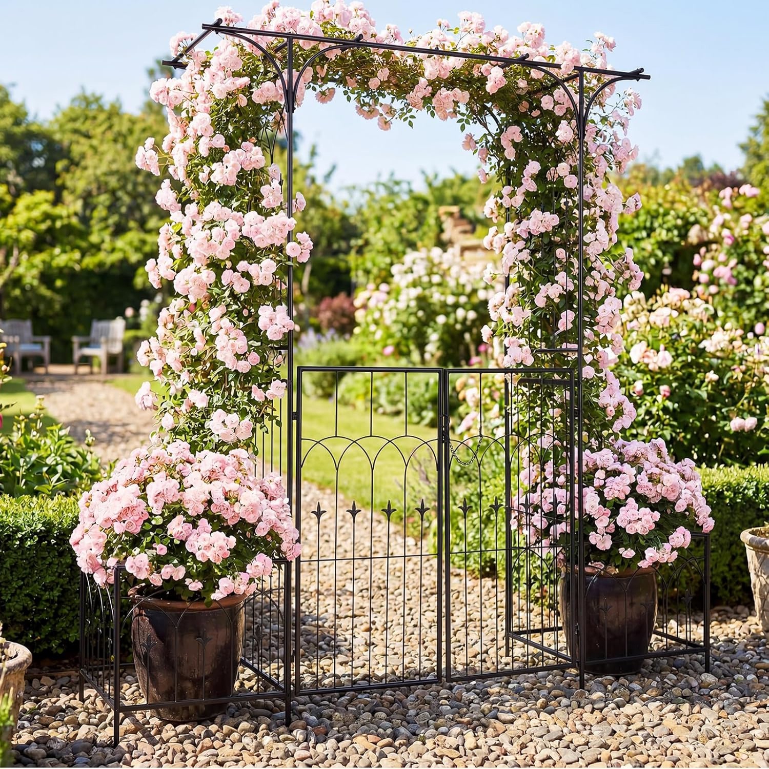 Rose Arch, 3-in-1 Garden Arch With Trellis And 2 Planters, Metal Archway With Lockable Doors, 200 X 56 X 206 Cm, Black