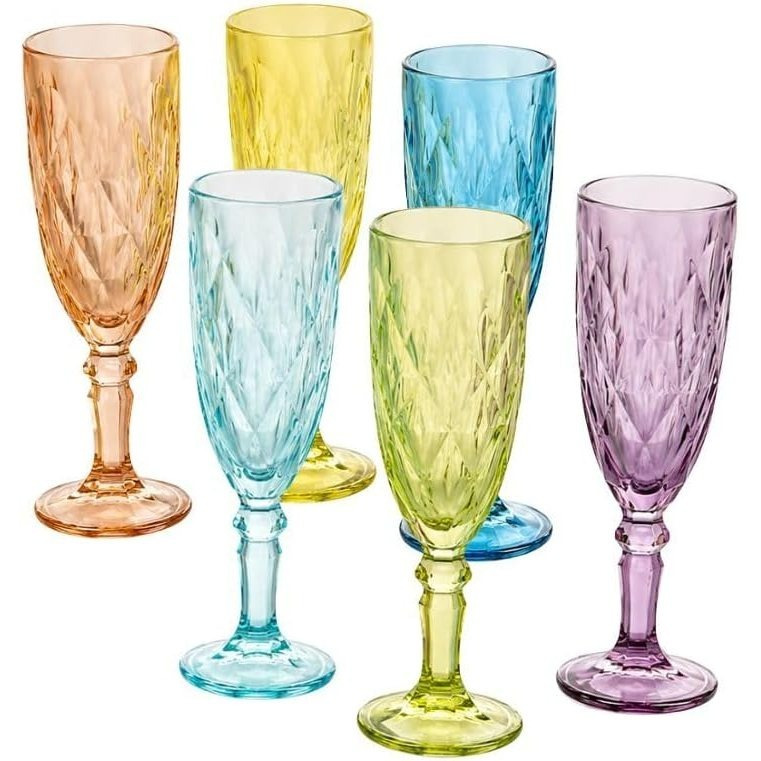 Image of Cecaro Group Set 6 Flute In Colored Glass 170 Ml – Elegant Glasses For Sparkling Wine, Prosecco, And – Diamond-cut Colored Glasses – Dishwasher Safe