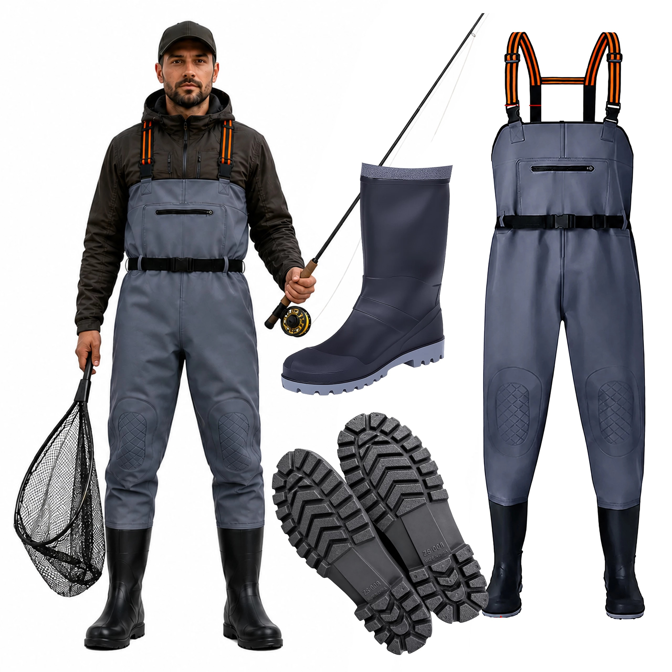 Image of Waterproof Wading Fishing Boots With Rubber Soles, Adjustable Harness, Anti-slip Sole For Wading In Water, Fishing, Work, And Outdoor Activities