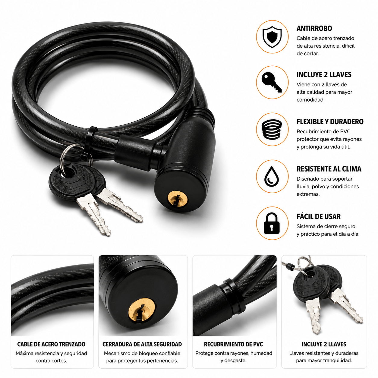 TEMU Candado de Bicicleta Antirrobo con Llave, Seguridad Candado de Cable para Bicicletas, Motos, Scooters, A medidas