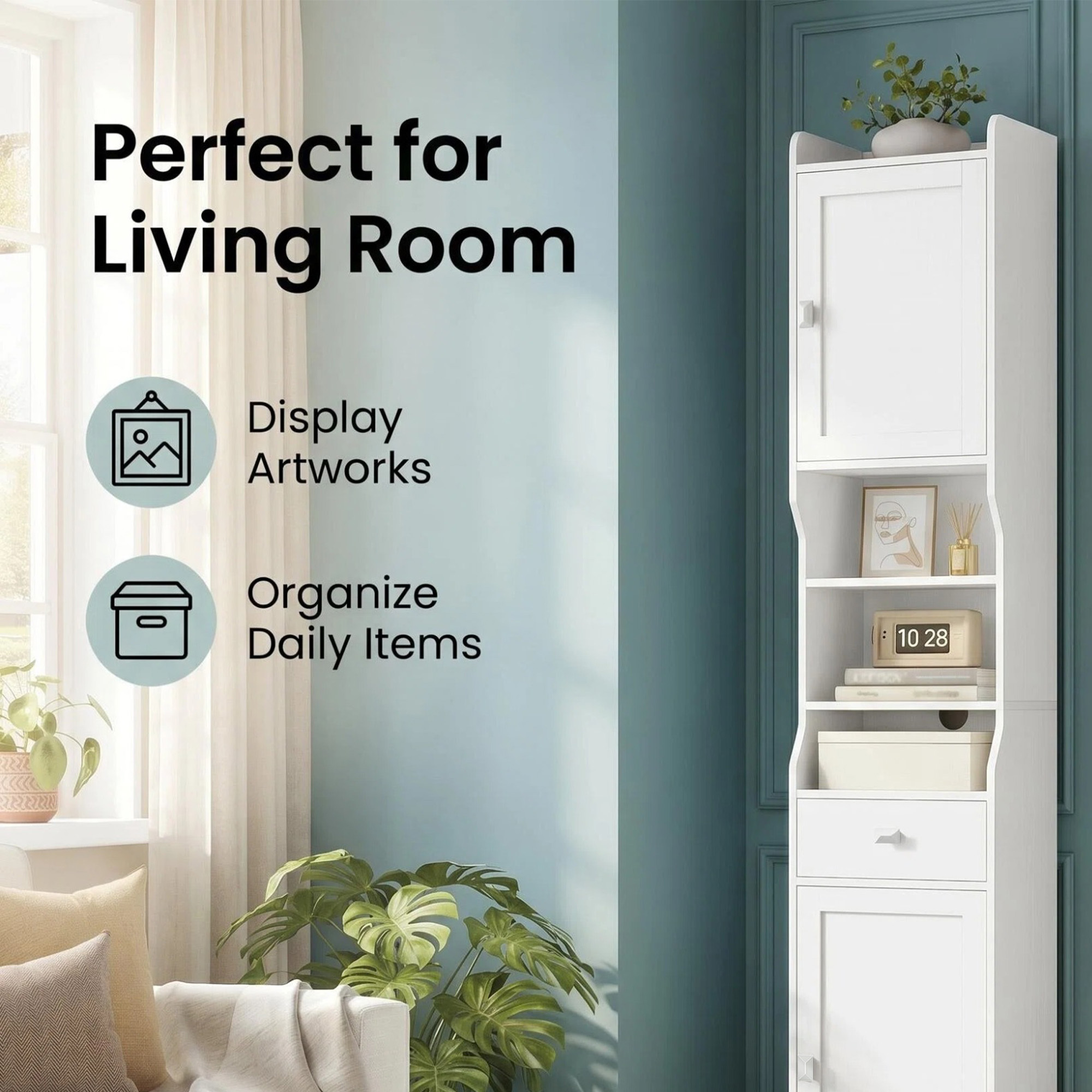Image of Tall, Narrow Bathroom Storage Cabinet, , Single Drawer, Large Capacity, 3 Open Shelves, 3 Adjustable Levels, Anti-tipping, Non-slip, White Household Storage Cabinet.