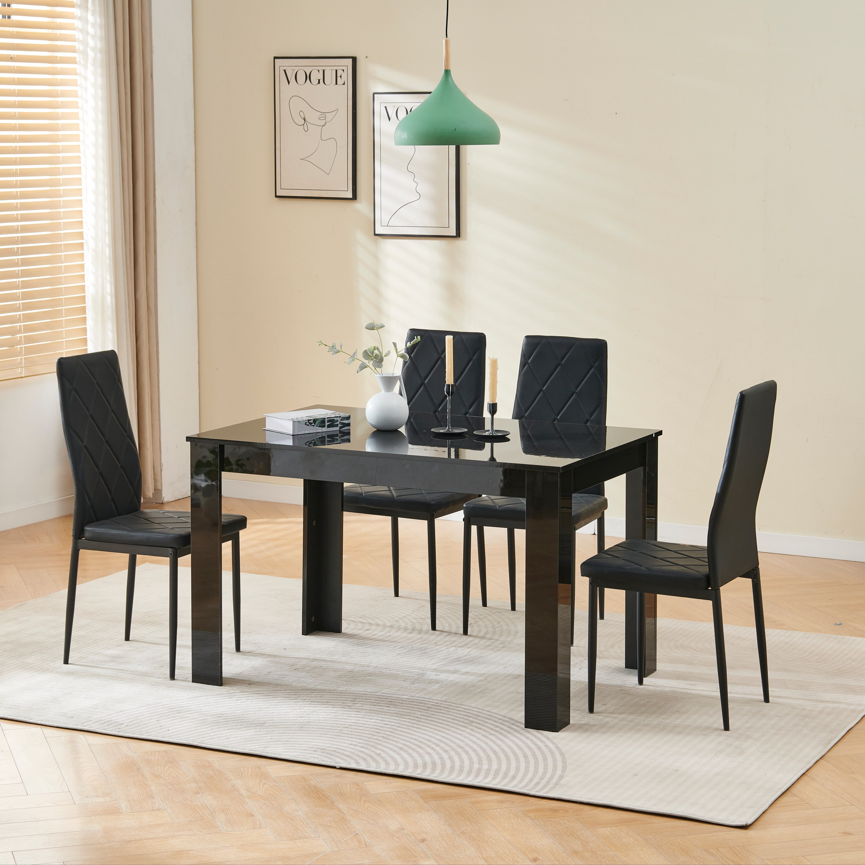 Modern Wooden Dining Table Set For 4, Stylish 120x80cm Set 4 For Dining Room Kitchen, High Gloss Tabletop