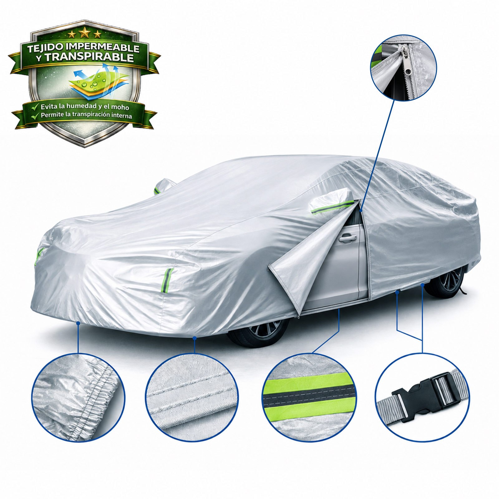 TEMU para Coche, Cubierta Exterior de PEVA con Tiras Reflectantes, Correas Antiviento y Protección para Espejos, para Turismos Medianos y Grandes.