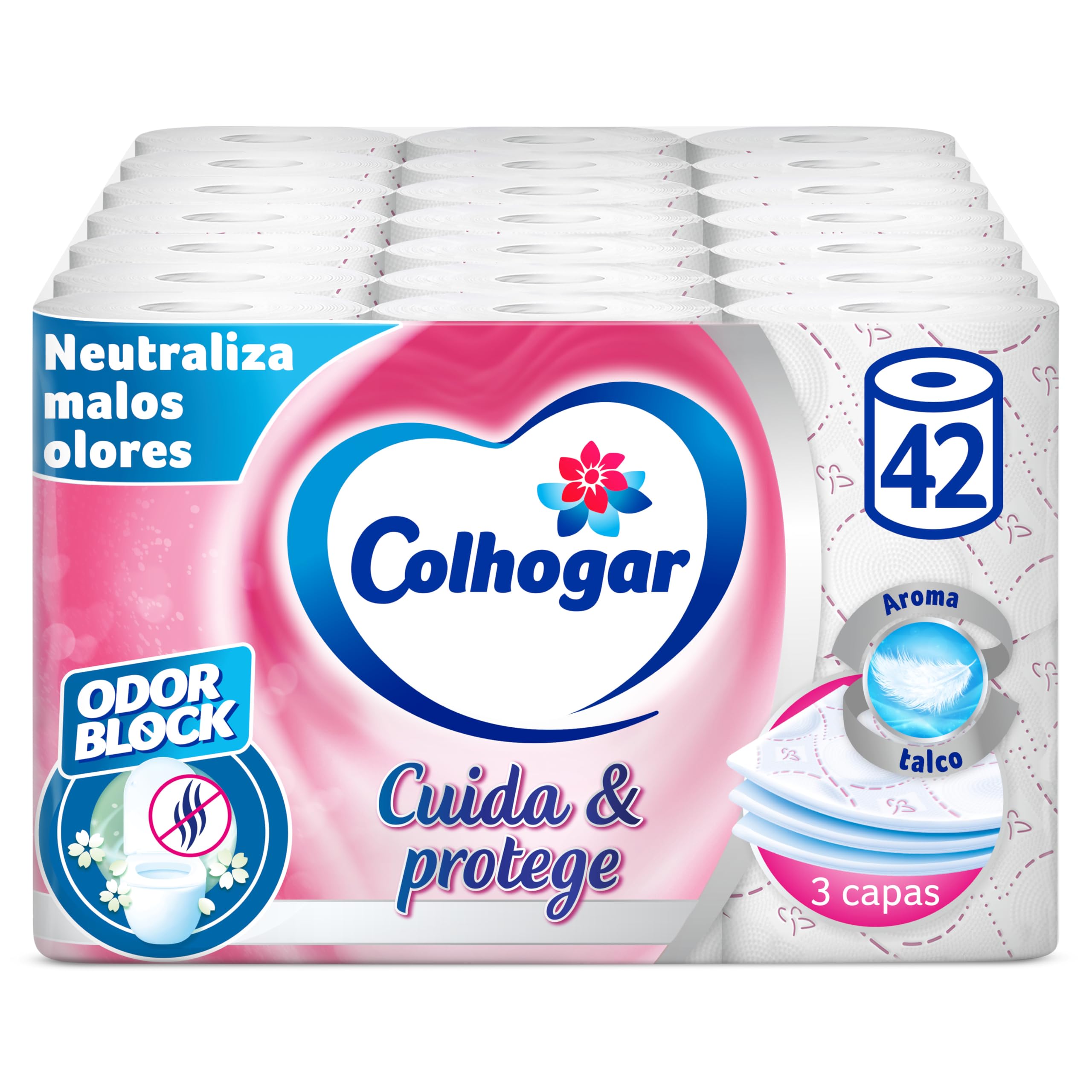 TEMU Colhogar Protect & 7x6 - Papel Higiénico y Resistente - Paquete com 42 rollos - 3 Capas - rollos color y con una
